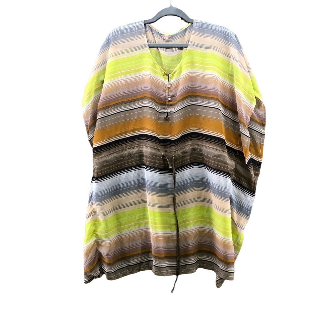 Echo Chiffon Poncho Kaftan Top Womens OS Yellow Striped‎ Beachy Boho Tunic